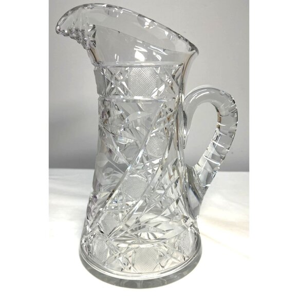 Antique Cut Crystal Glass Pitcher With Intricate Pattern & Handle Beautiful Heav - Picture 1 of 8